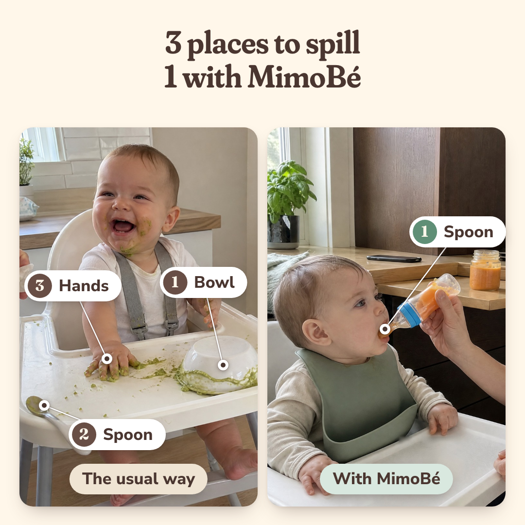 3 places to spill with a bowl and spoon, 1 with the MimoBé squeeze spoon