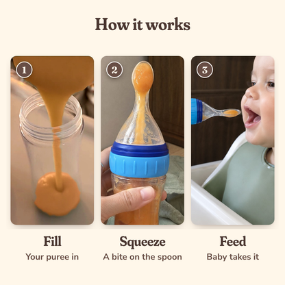 How it works: fill with puree, squeeze a bite onto the spoon, feed baby