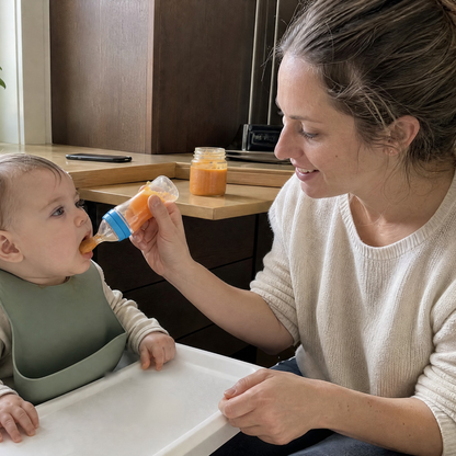Mom feeding her baby puree with the MimoBé squeeze spoon at the high chair