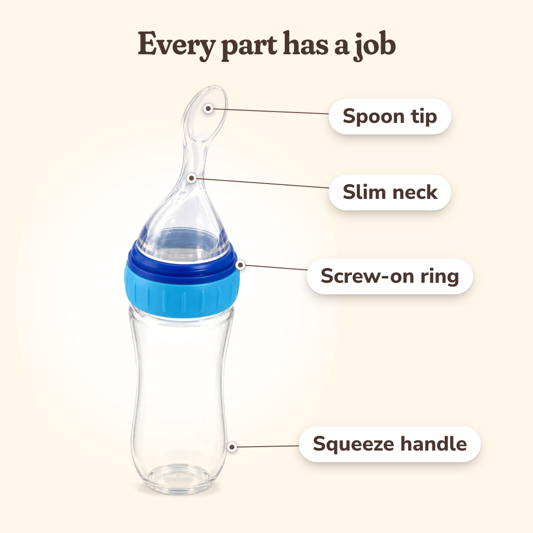 MimoBé parts: spoon tip, slim neck, screw-on ring and squeeze handle